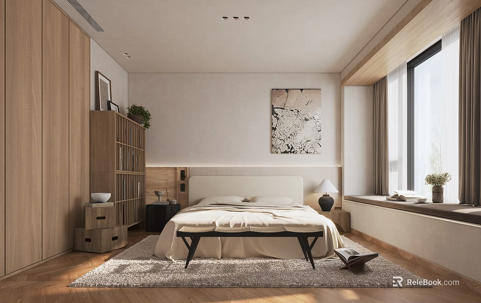 Modern Bedroom Interior Design With Beige Bedding Wooden Bookshelf Decorative Painting And Natural Light 3d model 