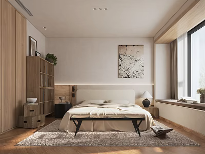 Modern Bedroom Interior Design With Beige Bedding Wooden Bookshelf Decorative Painting And Natural Light 3d model