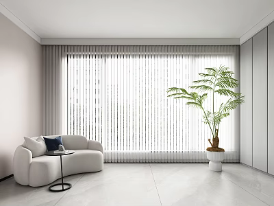 Vertical Striped Curtain in Modern Bright Room with White Sofa and Green Plant 3d model