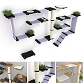 Wooden Wall Mounted Cat Furniture Set With Multi Level Platforms And Green Plants