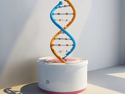 Science and Technology Exhibition Hall Displaying Blue and Orange DNA Model on White Base 3d model