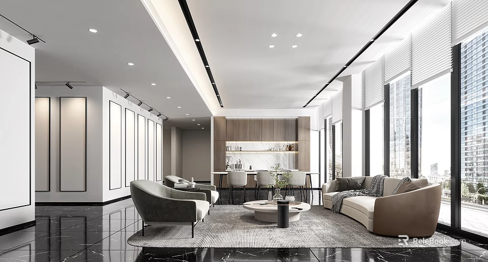 Modern Lounge Area Interior With Sofa Armchairs Coffee Table And Large Windows Rug Lighting 3d model