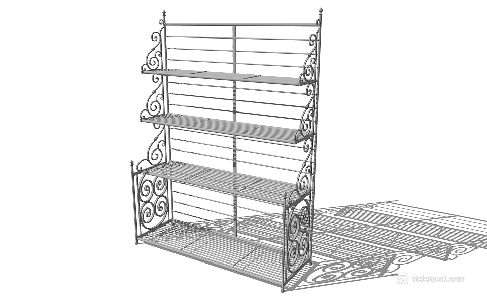 Metal Bookshelf With Ornate Scrollwork Design And Multiple Shelves Structure Details 3d model 