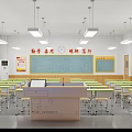 School Classroom Interior With Neat Desks Chairs Blackboard Digital Screen And Slogans