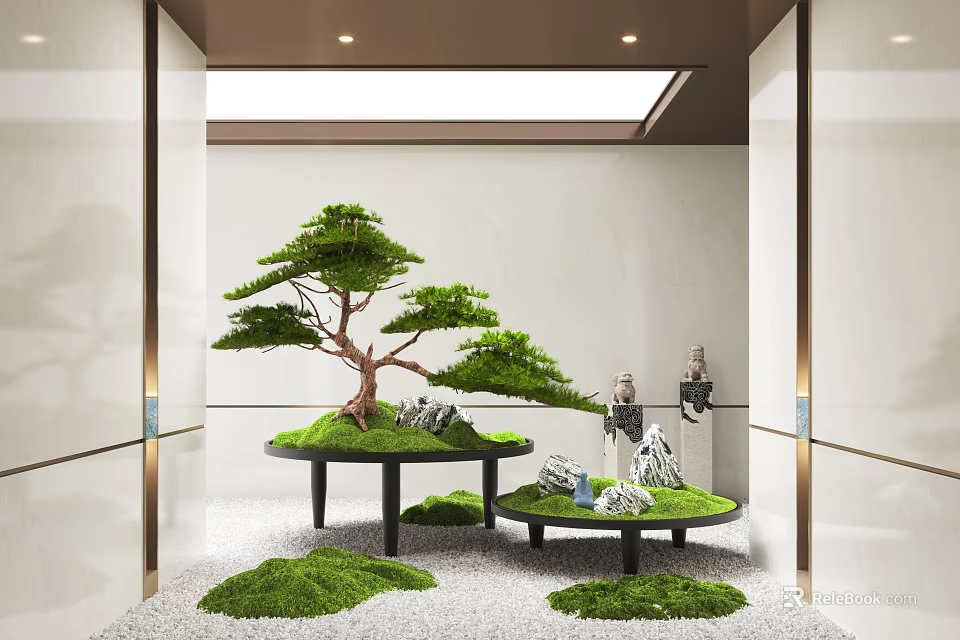 Indoor Garden Decor Featuring Bonsai Pine Tree Circular Platforms And Moss Stones 3d model