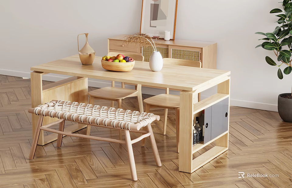 Simple Natural Style Dining Table Set With Wooden Table Woven Bench Chairs And Storage Cabinet 3d model 
