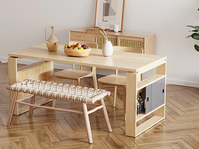 Simple Natural Style Dining Table Set With Wooden Table Woven Bench Chairs And Storage Cabinet 3d model