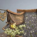 Cartoon Medieval Hut With Wooden Beams Stone Walls Lit Windows And Shield Banner