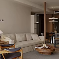Modern Living Dining Room Interior With Beige Sofa Wooden Coffee Table Chairs And Indoor Plant