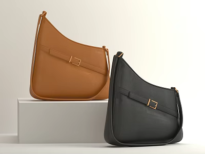 Brown And Black Leather Hobo Bags With Metal Buckle On White Display Stand 3d model