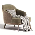 Modern Two Tone Fabric Leisure Chair With Wooden Legs Decorative Pillow And Striped Throw Blanket