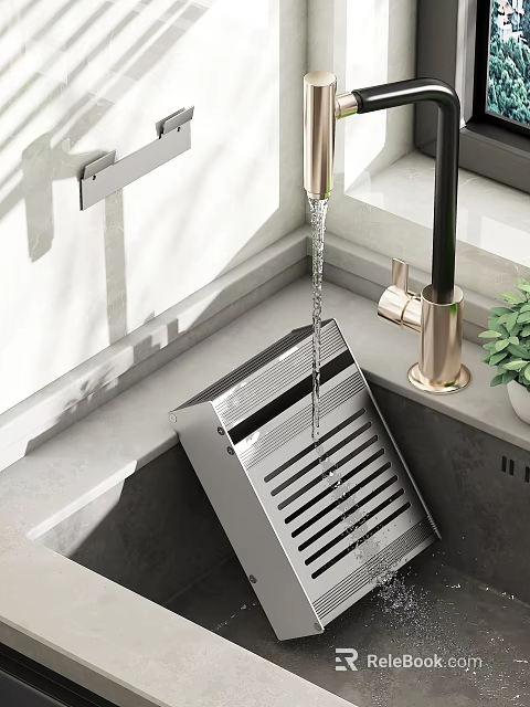 Modern Kitchen Sink With Gold Metal Faucet And Running Water Flow Design 3d model 