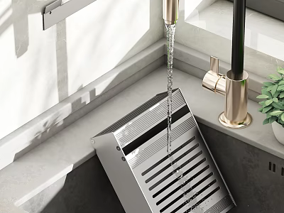 Modern Kitchen Sink With Gold Metal Faucet And Running Water Flow Design 3d model