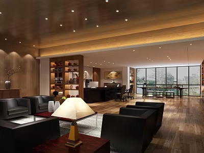 Spacious Modern Office Interior With Black Sofas Coffee Tables Bookshelves And Large Windows 3d model