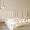 Double Bed With Vertical Tufted Upholstered Headboard Neutral Bedding Warm Beige Wall And Pendant Lights