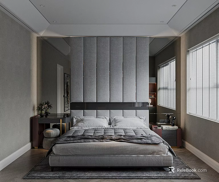 Modern Bedroom Interior Design With Tufted Headboard Double Bed Nightstands And Windows With Blinds 3d model 