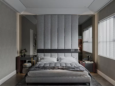 Modern Bedroom Interior Design With Tufted Headboard Double Bed Nightstands And Windows With Blinds 3d model