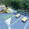 Scenic Park Landscape with Football Field and Green Lawn Surrounded by Trees and Walking Paths
