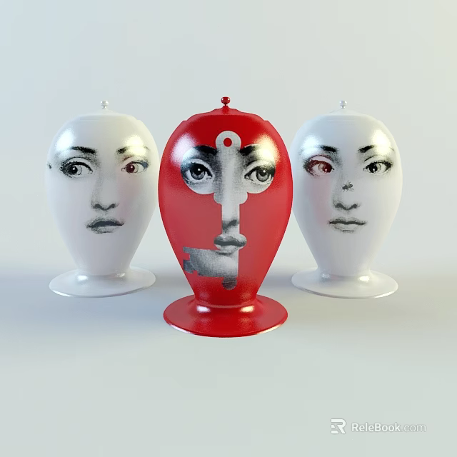 Artistic Head Shaped Ceramic Vessels With Red And White Facial Patterns 3d model 