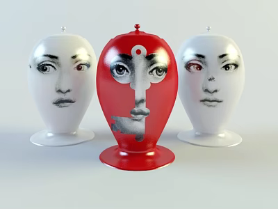 Artistic Head Shaped Ceramic Vessels With Red And White Facial Patterns 3d model