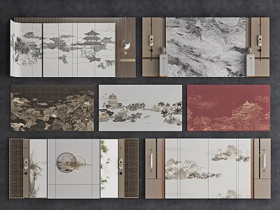 Chinese Traditional Background Wall With Landscape Paintings Pavilions And Wooden Decorations 3d model