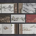 Chinese Traditional Background Wall With Landscape Paintings Pavilions And Wooden Decorations