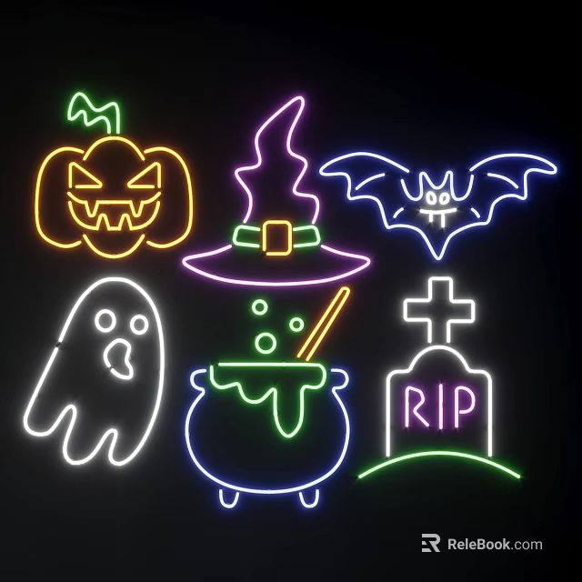 Halloween Decorative Lights With Pumpkin Witch Hat Bat Ghost Cauldron Tombstone 3d model