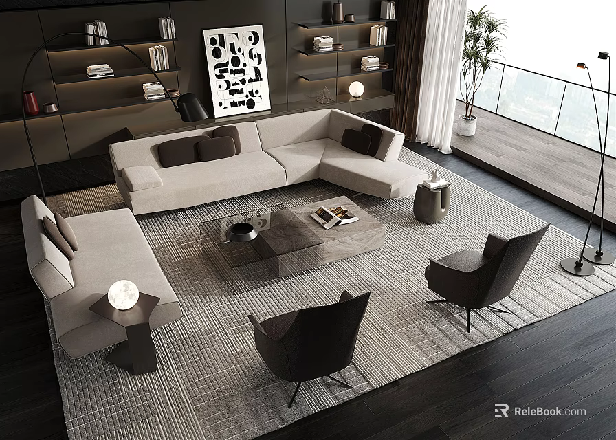Modern L-shaped Sofa and Glass Coffee Table Set in Living Room with Dark Accent Chairs 3d model 