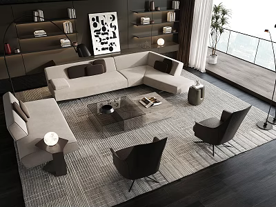 Modern L-shaped Sofa and Glass Coffee Table Set in Living Room with Dark Accent Chairs 3d model