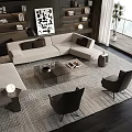Modern L-shaped Sofa and Glass Coffee Table Set in Living Room with Dark Accent Chairs