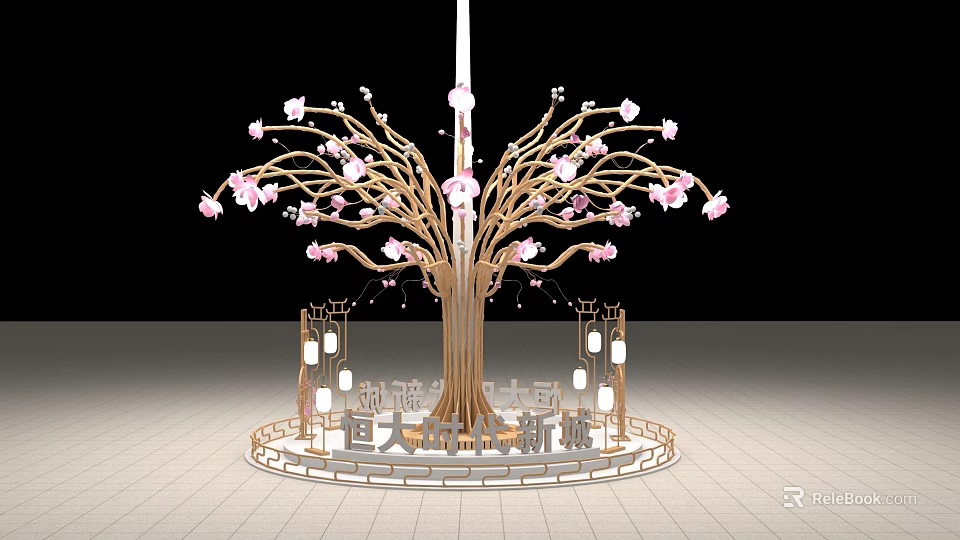 Large Decorative Tree With Pink Flowers And Golden Trunk On Circular Base With Hanging Lanterns 3d model 