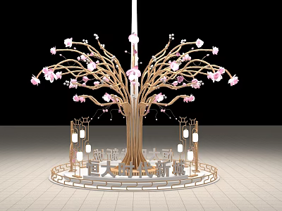 Large Decorative Tree With Pink Flowers And Golden Trunk On Circular Base With Hanging Lanterns 3d model