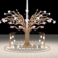 Large Decorative Tree With Pink Flowers And Golden Trunk On Circular Base With Hanging Lanterns