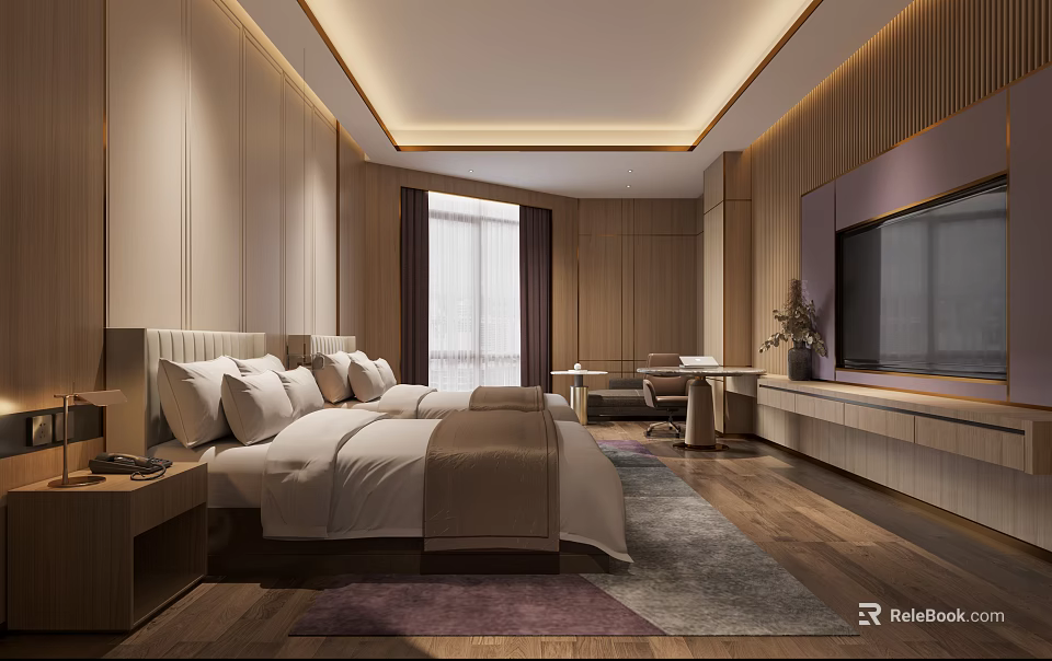 Modern Hotel Room Interior With King Bed Wooden Walls Large Window TV Desk And Rug 3d model 