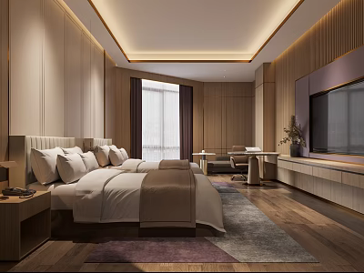 Modern Hotel Room Interior With King Bed Wooden Walls Large Window TV Desk And Rug 3d model
