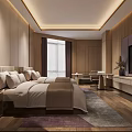 Modern Hotel Room Interior With King Bed Wooden Walls Large Window TV Desk And Rug