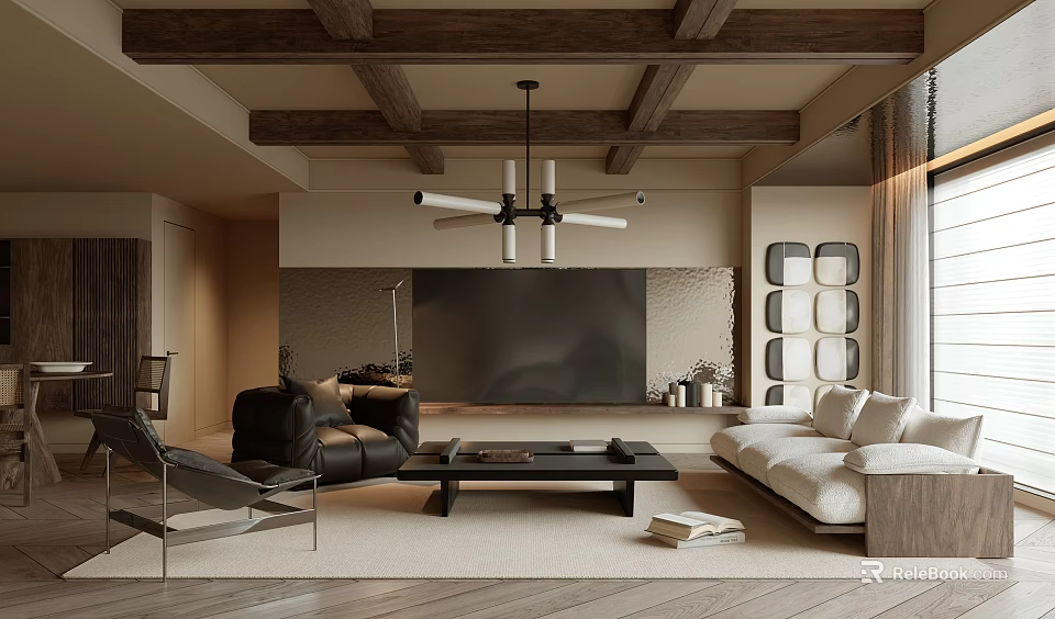 Modern Living Room Interior With Wooden Ceiling Beams Chandelier TV Wall Sofa And Coffee Table 3d model 