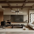 Modern Living Room Interior With Wooden Ceiling Beams Chandelier TV Wall Sofa And Coffee Table