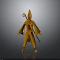 Golden Woman Doll Wearing Pointed Hat Holding Staff In Robe On Black Background