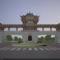 Traditional Chinese Memorial Archway Featuring Triple Gateway And Tiered Roof At Tree Lined Road