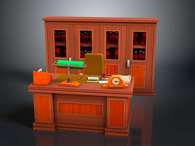 Wooden Office Desk With Green Lamp Bookcase Glass Doors Red Books And Clock 3d model