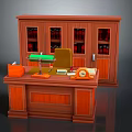 Wooden Office Desk With Green Lamp Bookcase Glass Doors Red Books And Clock