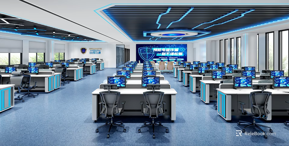 Modern Control Room Interior With Multiple Computer Monitors Control Desks Blue Accents And Large Screen 3d model 