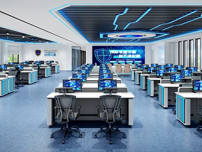 Modern Control Room Interior With Multiple Computer Monitors Control Desks Blue Accents And Large Screen 3d model