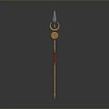Ancient Decorative Spear Featuring Metal Spearhead Golden Shaft Red Accents And Crescent Ornament