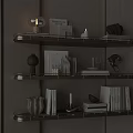 Elegant Decorative Ornament Set Displayed on Tiered Shelves with Books Sculptures Vases and Candle Holders
