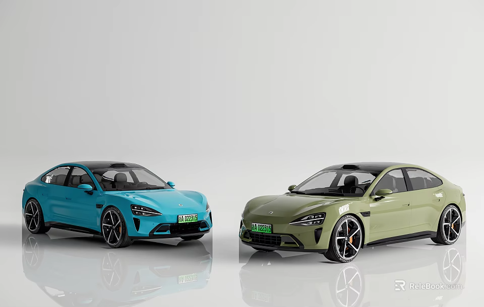 Two Modern Electric Cars In Blue And Green Colors With Sleek Design And Aerodynamic Body 3d model 