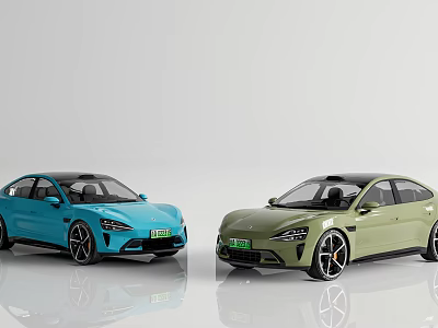 Two Modern Electric Cars In Blue And Green Colors With Sleek Design And Aerodynamic Body 3d model