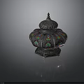 Ornate Silver Filigree Container With Colorful Floral Patterns And Carved Lid