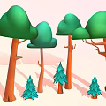 Cartoon Forest Scene With Green Mushroom Trees Orange Trunks Small Pine Trees And Pink Background